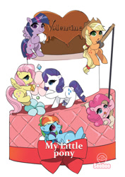 Size: 585x827 | Tagged: safe, artist:booseo, derpibooru import, applejack, fluttershy, pinkie pie, rainbow dash, rarity, twilight sparkle, earth pony, pegasus, pony, unicorn, cake, chocolate, fishing rod, flower, food, holiday, mane six, valentine's day