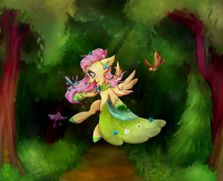 Size: 2980x2415 | Tagged: safe, artist:pozya1007, derpibooru import, fluttershy, bird, pegasus, pony, amazed, clothes, crepuscular rays, dress, female, floppy ears, flower, flower in hair, flying, forest, gala dress, high res, looking at someone, mare, open mouth, outdoors, path, profile, smiling, solo, spread wings, tree, wings