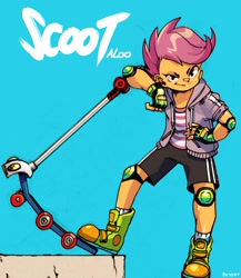 Size: 1164x1342 | Tagged: safe, artist:6798ty52, derpibooru import, scootaloo, equestria girls, >:), badass, clothes, digital art, elbow pads, hoodie, knee pads, mittens, scooter, shirt, shoes, shorts, smiling, sneakers, socks, solo, t-shirt