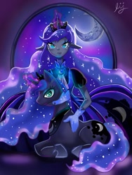 Size: 600x800 | Tagged: safe, artist:harvey_parrot, derpibooru import, princess luna, alicorn, human, pony, clothes, crown, dress, fantasy, humanized, jewelry, magic, moon, regalia, stars, window