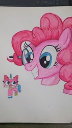 Size: 1152x2048 | Tagged: safe, artist:poorunii, derpibooru import, pinkie pie, earth pony, pony, crossover, lego, looking at each other, magnifying glass, marker drawing, open mouth, smiling, the lego movie, traditional art, unikitty