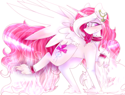 Size: 914x693 | Tagged: safe, artist:shinningblossom12, derpibooru import, oc, oc only, alicorn, pony, alicorn oc, choker, ear piercing, hoof fluff, horn, one eye closed, piercing, raised hoof, simple background, solo, speedpaint available, white background, wings, wink