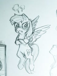 Size: 1536x2048 | Tagged: safe, artist:harvey_parrot, derpibooru import, rainbow dash, pegasus, pony, blushing, crossed arms, female, monochrome, pencil drawing, sketch, solo, traditional art