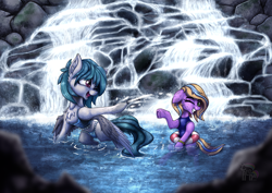 Size: 1654x1169 | Tagged: safe, artist:calena, derpibooru import, oc, oc only, earth pony, pegasus, clothes, cute, female, mother and child, mother and daughter, parent and child, playing, rock, stone, swimsuit, water, waterfall