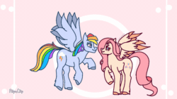 Size: 1920x1080 | Tagged: safe, artist:valkiria, derpibooru import, fluttershy, rainbow dash, pegasus, pony, animated, blushing, boop, female, flutterdash, flying, heart, lesbian, looking at each other, love, noseboop, shipping, shy, smiling