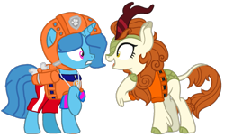 Size: 1331x814 | Tagged: safe, artist:徐詩珮, derpibooru import, autumn blaze, spring rain, kirin, pony, unicorn, series:sprglitemplight diary, series:sprglitemplight life jacket days, series:springshadowdrops diary, series:springshadowdrops life jacket days, awwtumn blaze, base used, cute, female, lifeguard, lifeguard spring rain, lifejacket, mare, paw patrol, simple background, springbetes, transparent background