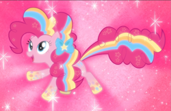 Size: 1385x904 | Tagged: safe, derpibooru import, screencap, pinkie pie, earth pony, pony, twilight's kingdom, cropped, floating, glow, open mouth, rainbow power, rainbow power-ified, smiling, solo