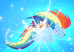 Size: 1254x888 | Tagged: safe, derpibooru import, screencap, rainbow dash, pegasus, pony, twilight's kingdom, cropped, eyes closed, floating, glow, rainbow power, rainbow power-ified, smiling, solo