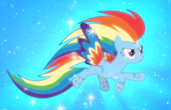 Size: 1290x832 | Tagged: safe, derpibooru import, screencap, rainbow dash, pegasus, pony, twilight's kingdom, cropped, floating, glow, rainbow power, rainbow power-ified, smiling, solo