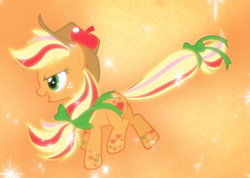 Size: 1169x830 | Tagged: safe, derpibooru import, screencap, applejack, earth pony, pony, twilight's kingdom, cropped, floating, glow, open mouth, rainbow power, rainbow power-ified, smiling, solo