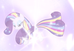 Size: 1213x838 | Tagged: safe, derpibooru import, screencap, rarity, pony, unicorn, twilight's kingdom, bright, cropped, floating, glow, lidded eyes, rainbow power, rainbow power-ified, solo