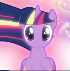 Size: 496x500 | Tagged: safe, derpibooru import, screencap, twilight sparkle, twilight sparkle (alicorn), alicorn, twilight's kingdom, cropped, glow, looking at you, rainbow power, rainbow power-ified, smiling, solo