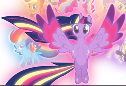Size: 962x663 | Tagged: safe, derpibooru import, screencap, applejack, fluttershy, pinkie pie, rainbow dash, twilight sparkle, twilight sparkle (alicorn), alicorn, earth pony, pegasus, pony, twilight's kingdom, cropped, cute, dashabetes, eyes closed, female, floating, glow, looking at you, mare, rainbow power, rainbow power-ified, smiling, solo focus, spread wings, wings