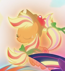 Size: 394x434 | Tagged: safe, derpibooru import, screencap, applejack, earth pony, pony, twilight's kingdom, cropped, eyes closed, floating, glow, rainbow power, rainbow power-ified, smiling, solo