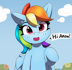 Size: 1880x1830 | Tagged: safe, artist:pabbley, derpibooru import, part of a set, rainbow dash, pegasus, pony, cute, dashabetes, dialogue, female, hi anon, implied anon, looking at you, mare, meme, solo, speech bubble