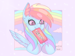 Size: 1600x1200 | Tagged: safe, artist:paranoid_siren, derpibooru import, rainbow dash, pegasus, pony, candy, cloud, cute, dashabetes, ear fluff, food, happy, hooves, pastel, pastel background, rainbows, skittles, smiling, solo