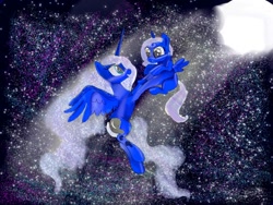 Size: 1080x810 | Tagged: safe, artist:bellas.den, derpibooru import, princess luna, oc, alicorn, pony, alicorn oc, beautiful, cute, duo, ethereal mane, female, filly, flying, full moon, holding a pony, horn, lunabetes, mare, moon, night, parent:princess luna, starry mane, stars, wings