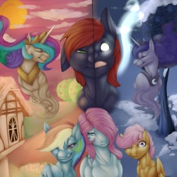 Size: 1280x1280 | Tagged: safe, artist:sinibeau, artist:sintacle, derpibooru import, princess celestia, princess luna, rainbow dash, scootaloo, oc, alicorn, earth pony, pegasus, pony, apple, apple tree, building, collar, crown, day, digital art, eyes closed, faic, glowing eyes, gritted teeth, horn, jewelry, looking at you, night, ponyville, regalia, smug, smugdash, tail, tree, two-face, wings