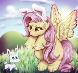 Size: 1710x1602 | Tagged: safe, artist:...macabre..., derpibooru import, angel bunny, fluttershy, pegasus, pony, rabbit, animal, behaving like a rabbit, cute, daaaaaaaaaaaw, female, male, mare, shyabetes