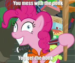 Size: 1275x1080 | Tagged: safe, derpibooru import, edit, edited screencap, screencap, pinkie pie, earth pony, pony, ppov, caption, derp, female, image macro, insanity, lifejacket, mare, meme, solo, stick, text, threat