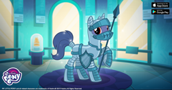 Size: 1200x630 | Tagged: safe, derpibooru import, screencap, unicorn, from the shadows, armor, facebook, gameloft, knight, medieval equestria, shield, spear, weapon