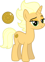 Size: 4000x5450 | Tagged: safe, artist:melisareb, derpibooru import, pony, unicorn, my little pony: the movie, .svg available, absurd resolution, coin, cutie mark, female, headcanon, lidded eyes, looking at you, mare, simple background, solo, sungold, transparent background, vector