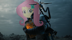 Size: 2560x1440 | Tagged: safe, derpibooru import, fluttershy, pegasus, pony, equestria girls, death stranding, female, mare, pink mane, yellow coat