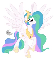 Size: 1280x1356 | Tagged: safe, artist:princesslunayay, derpibooru import, princess celestia, alicorn, pony, colored lineart, crown, female, hoof shoes, jewelry, logo, mare, necklace, raised hoof, raised leg, regalia, solo, spread wings, wings