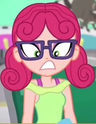 Size: 326x421 | Tagged: safe, derpibooru import, screencap, alizarin bubblegum, better together, equestria girls, tip toppings, tip toppings: fluttershy, angry, cropped, female, glasses, solo focus