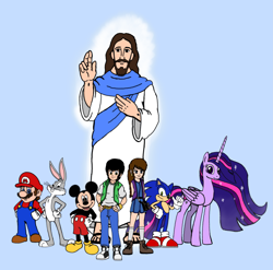 Size: 3599x3553 | Tagged: safe, artist:jmantheangel, derpibooru import, lily, lily valley, twilight sparkle, twilight sparkle (alicorn), oc, oc:j-man, alicorn, anthro, hedgehog, human, mouse, rabbit, unicorn, animal, anthro with ponies, bugs bunny, christianity, crossover, it came from deviantart, jesus christ, looney tunes, mario, mickey mouse, religion, smiling, sonic the hedgehog, sonic the hedgehog (series), super mario bros.