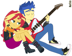 Size: 1183x920 | Tagged: safe, artist:maretrick, derpibooru import, flash sentry, sunset shimmer, equestria girls, converse, eyes closed, female, flashimmer, guitar, male, musical instrument, shipping, shoes, simple background, sitting, smiling, straight, transparent background, vector