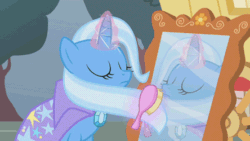 Size: 444x250 | Tagged: safe, derpibooru import, screencap, trixie, pony, unicorn, boast busters, animated, brushing, cape, clothes, comb, combing, eyes closed, female, gif, magic, mare, mirror, perfect loop, solo, trixie's cape