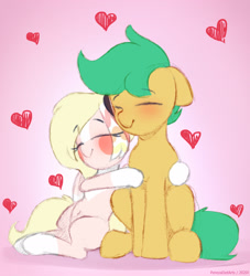 Size: 2092x2300 | Tagged: safe, artist:perezadotarts, derpibooru import, oc, oc only, oc:kitsume butterfly, oc:pen sketchy, earth pony, pegasus, pony, belly button, blushing, cute, earth pony oc, eyes closed, heart, hug, pegasus oc, shipping, simple background, smiling, text, wings