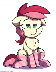 Size: 1410x1800 | Tagged: safe, artist:perezadotarts, derpibooru import, roseluck, earth pony, pony, bored, chest fluff, clothes, colored, cute, cuteluck, floppy ears, simple background, socks, solo, striped socks, text, white background