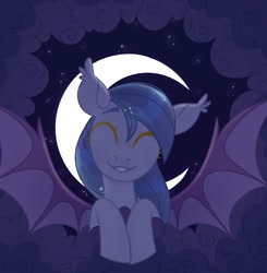 Size: 2008x2051 | Tagged: safe, artist:n in a, derpibooru import, oc, oc only, bat pony, pony, bat wings, bust, cloud, commission, cute, eyebrows, eyes closed, fangs, female, grin, high res, mare, moon, night, smiling, smiling at you, solo, spread wings, stars, wings