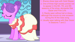 Size: 1920x1080 | Tagged: safe, derpibooru import, edit, edited screencap, editor:jaredking203, screencap, north star, pony, unicorn, the best night ever, clothes, dress, eyes closed, facts, female, mare, solo