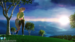 Size: 3840x2160 | Tagged: safe, artist:shadowboltsfm, derpibooru import, fluttershy, anthro, pegasus, plantigrade anthro, 3d, 4k, barefoot, beautiful, blender, feet, female, grass, lens flare, standing, sunrise, tree, wallpaper