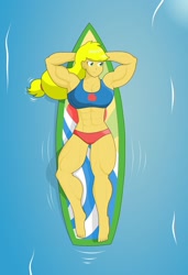 Size: 1280x1872 | Tagged: safe, artist:matchstickman, derpibooru import, applejack, equestria girls, abs, applejacked, applerack, biceps, bikini, breasts, clothes, female, hands behind back, muscles, solo, surfboard, swimsuit, thighs, thunder thighs, water