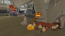 Size: 1280x720 | Tagged: safe, artist:horsesplease, derpibooru import, trouble shoes, human, 3d, baltimore convention center, bronycon, chair, drunk, drunken shoes, galarian ponyta, gmod, halloween, holiday, jack-o-lantern, pokémon, ponyta, pumpkin, sfm pony, sleeping, throne