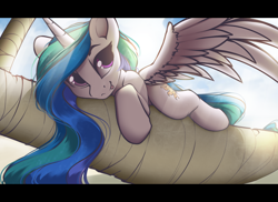 Size: 2276x1658 | Tagged: safe, artist:hitbass, derpibooru import, princess celestia, alicorn, pony, backlighting, crepuscular rays, cute, cutelestia, female, looking at you, lying, mare, solo, spread wings, tongue out, vacation, wings