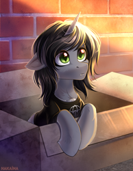 Size: 2300x2968 | Tagged: safe, artist:hakaina, derpibooru import, pony, unicorn, box, bricks, cardboard box, clothes, commission, disguise, disguised siren, fangs, floppy ears, frown, horn, jewelry, kellin quinn, looking at you, male, necklace, ponified, shirt, signature, sleeping with sirens, slit eyes, solo, stallion, t-shirt, ych result