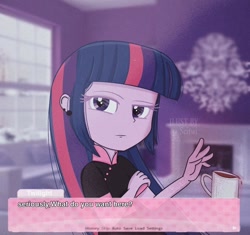 Size: 1000x941 | Tagged: safe, artist:scitwi, derpibooru import, twilight sparkle, equestria girls, bust, clothes, cup, doki doki literature club, ear piercing, eyelashes, female, fireplace, indoors, magic, piercing, solo, talking, telekinesis