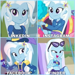 Size: 1080x1080 | Tagged: safe, derpibooru import, trixie, human, better together, equestria girls, equestria girls (movie), forgotten friendship, rollercoaster of friendship, street magic with trixie, collage, facebook, female, instagram, linkedin, meme, solo, tinder