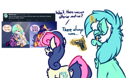 Size: 4000x2500 | Tagged: safe, artist:witchtaunter, derpibooru import, bon bon, lyra heartstrings, sweetie drops, earth pony, pony, unicorn, crying, gun, l.u.l.s., meme, simple background, vulgar, wait it's all ohio, weapon, white background