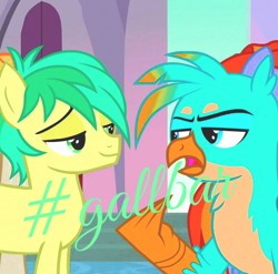 Size: 624x617 | Tagged: safe, color edit, derpibooru import, edit, edited screencap, editor:yourockedcp, screencap, gallus, sandbar, earth pony, griffon, pony, colored, gallbar, gay, male, shipping, test