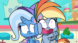 Size: 1680x944 | Tagged: safe, derpibooru import, screencap, rainbow dash, trixie, pegasus, pony, unicorn, friendship gems, my little pony: pony life, spoiler:pony life s01e17, cape, clothes, female, hat, mare, trixie's cape, trixie's hat, x x everywhere