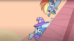 Size: 1680x932 | Tagged: safe, derpibooru import, screencap, rainbow dash, trixie, pegasus, pony, friendship gems, my little pony: pony life, spoiler:pony life s01e17, cape, cheek squish, clothes, hat, squishy cheeks, trixie's cape, trixie's hat