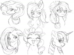 Size: 1620x1215 | Tagged: safe, artist:pearl123_art, derpibooru import, applejack, fluttershy, pinkie pie, rainbow dash, rarity, twilight sparkle, earth pony, pegasus, pony, unicorn, blue background, bust, cute, eye clipping through hair, eyes closed, female, lineart, looking at you, mane six, mare, open mouth, portrait, profile, simple background