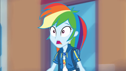 Size: 1275x720 | Tagged: safe, derpibooru import, screencap, rainbow dash, human, better together, equestria girls, run to break free, backpack, cute, dashabetes, female, geode of super speed, magical geodes, open mouth, reaction image, shocked, solo