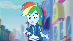 Size: 1275x720 | Tagged: safe, derpibooru import, screencap, rainbow dash, human, better together, equestria girls, run to break free, backpack, clothes, cute, dashabetes, female, geode of super speed, magical geodes, reaction image, shocked, solo, wristband